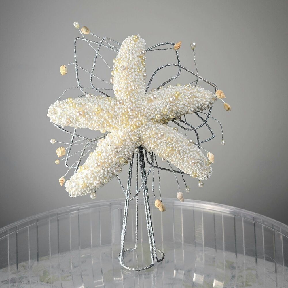 Starfish Christmas Tree Topper Beach Seashells Faux Pearls Silver Glitter 15”